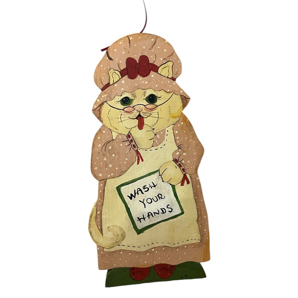 Vintage cat wash your hands‎ wooden hanging Kitchy Folk Grandma Core 10.5” Inch